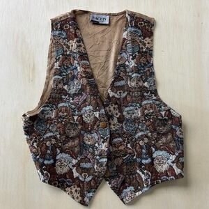 Vintage FACETS Vest Womens Large Multicolor Tapestry Christmas Dog Cat Holiday